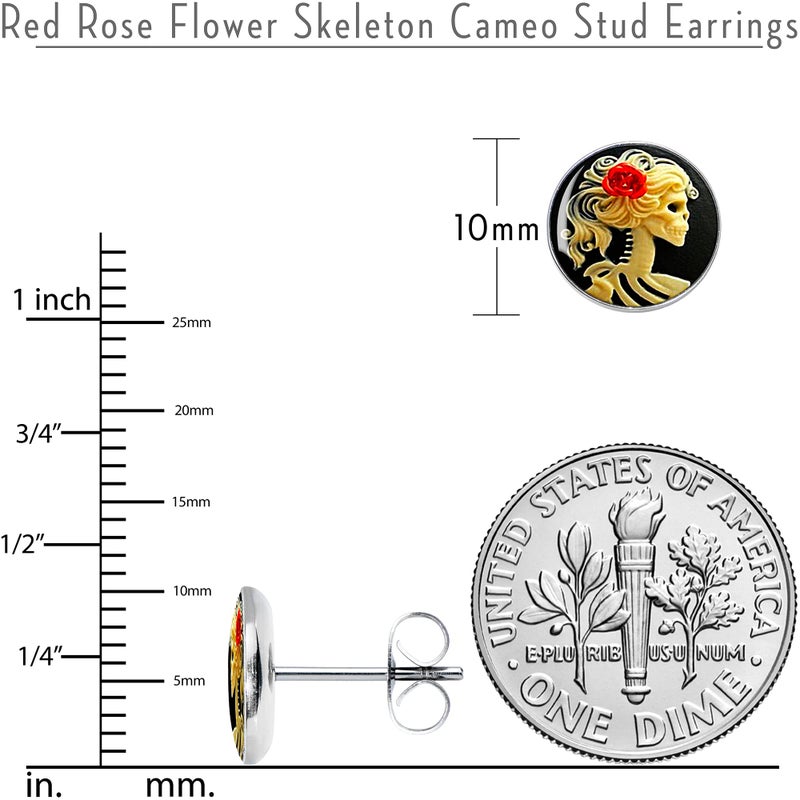 Body Candy Red Rose Skull Skeleton Stud Earrings - Stainless Steel Earrings for Halloween, Day of the Dead - Image 3